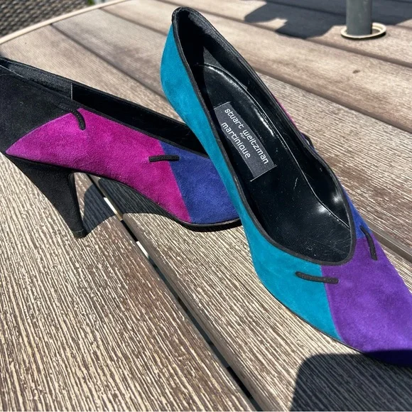 Stuart Weitzman Vintage Gem Multicolor Suede      3 1/2” Heels Size 9 - Picture 10 of 12